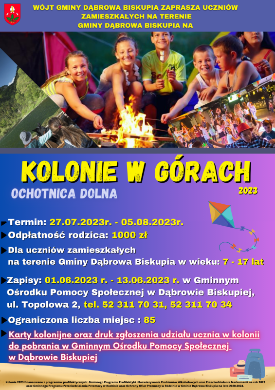Plakat informacyjny dotyczący kolonii w górach, na zdjęciu dzieci przy ognisku.